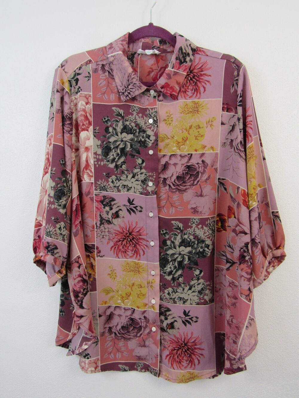 Cynthia Rowley 1X Patchwork Floral Printed Semi Sheer Button Up Blouse Purple